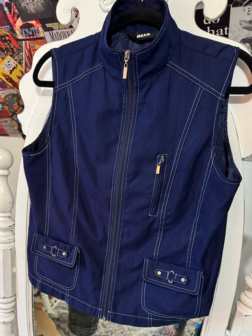 Alia Navy Sleeveless Zip Vest with White Contrast Stitching